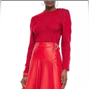 ba&sh Numa Rouge Lady Pullover Cable Eyelet Crew Neck Sweater Red US 6 Small